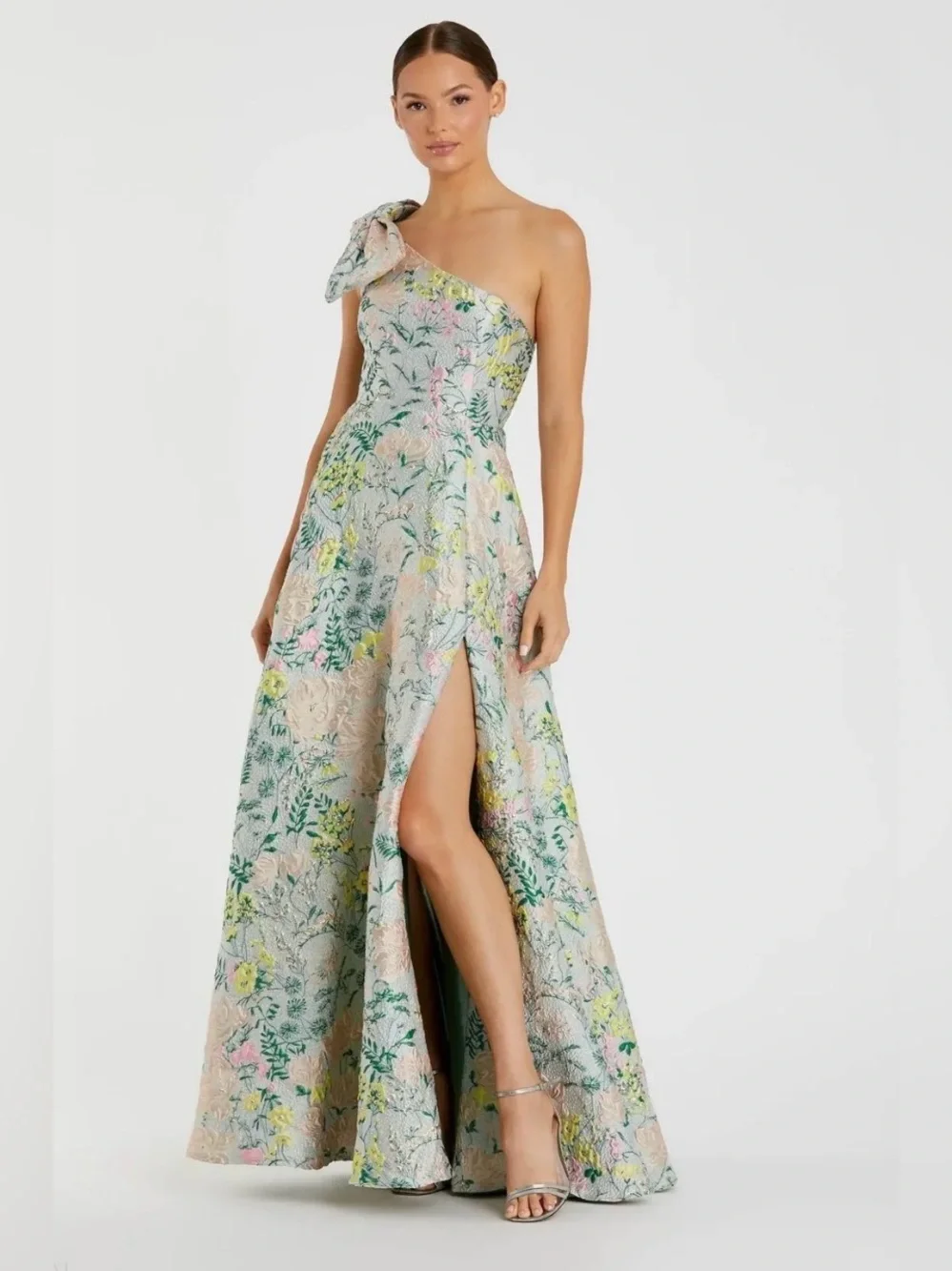Mac Duggal One-Shoulder Floral Jacquard Brocade Gown Pastel Green Pink Yellow